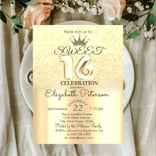 Convites Tiara, Dourado Sweet 16 Brilho Bokeh Ombre Festa