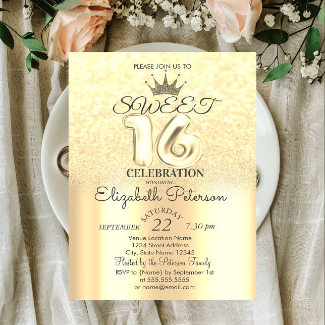Convites Tiara, Dourado Sweet 16 Brilho Bokeh Ombre Festa (Criador carregado)