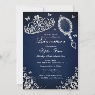 Convites Tiara Espelho Borboleta Azul Marinho Quinceanera