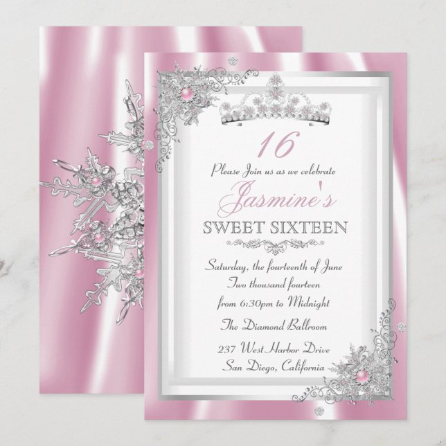 Convites Tiara Floco de Neve Diamante Rosa Prata Sweet 16 (Frente/Verso)