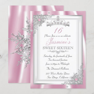 Convites Tiara Floco de Neve Diamante Rosa Prata Sweet 16