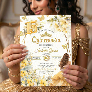 Convites Tiara Floral Amarela Dourada Borboleta Quinceañera