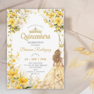 Convites Tiara Floral Borboleta Amarela Dourada Quinceañera