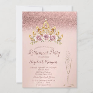 Convites Tiara Floral Brilho Dourado Rosa Aposentadoria