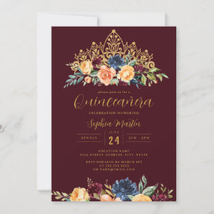 Convites Tiara Floral Burgundy Navy Quinceanera