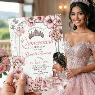 Convites Tiara Floral de Borboleta Prata Rosa Quinceañera