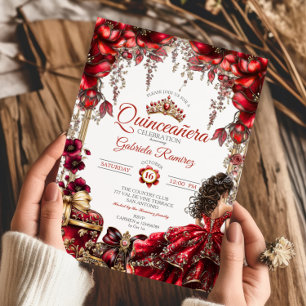 Convites Tiara Floral Dourada Vermelha Quinceañera