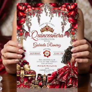 Convites Tiara Floral Dourada Vermelha Quinceañera