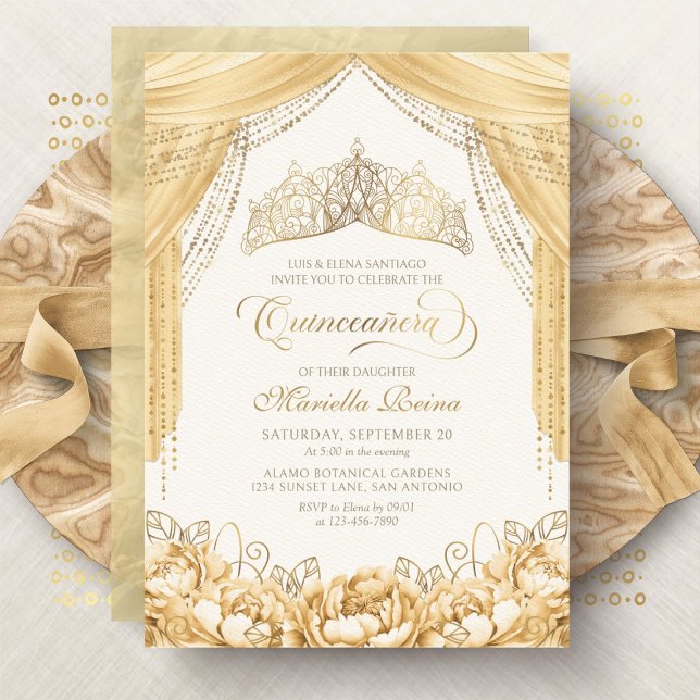Convites Tiara Floral Dourado Amarelo Moderno Quinceanera (Criador carregado)