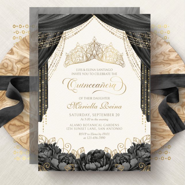 Convites Tiara Floral Preta Moderna Quinceanera (Criador carregado)