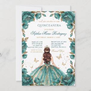 Convites Tiara Floral Princesa Dourada Turquesa Quinceañera