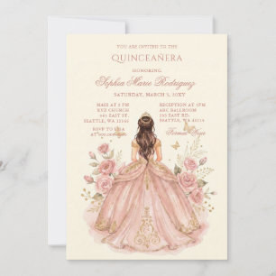 Convites Tiara Floral Princesa Dourado Rosa Quinceañera