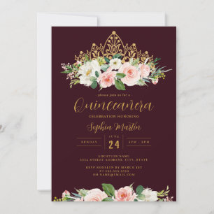 Convites Tiara Floral Rosa Borgonha Quinceanera