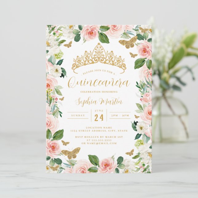 Convites Tiara Floral Rosa Dourada Borboleta Quinceanera  (Em pé/Frente)