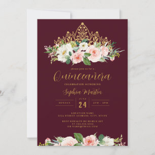 Convites Tiara Floral Rosa Dourado Borgonha Quinceanera