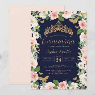 Convites Tiara Floral Rosa Dourado Burgundy Quinceanera 