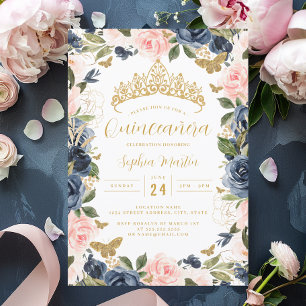 Convites Tiara Floral Rosa Dourado e Azul Marinho Quinceane