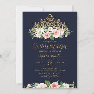 Convites Tiara Floral Rosa Dourado Marinho Quinceanera