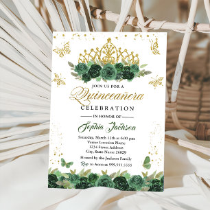 Convites Tiara Floral Verde Esmeralda Borboleta Quinceanera