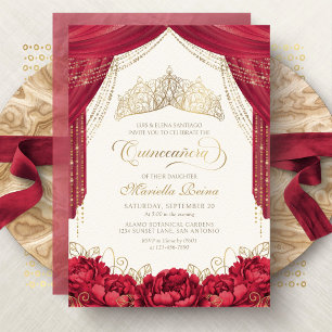Convites Tiara Floral Vermelha Quinceanera Moderna