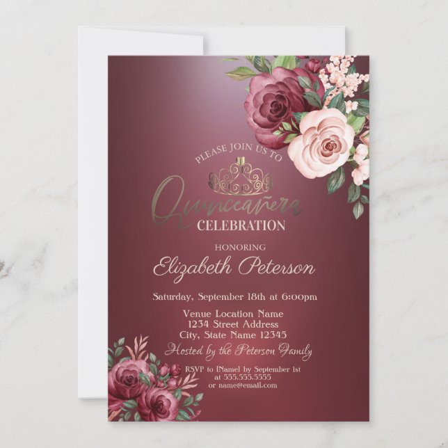 Convites Tiara, Flores de Rosas Burgundy Quinceañera (Frente)