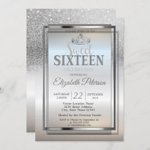 Convites Tiara,Frame Silver Glitter Bokeh Doce 16 Partido