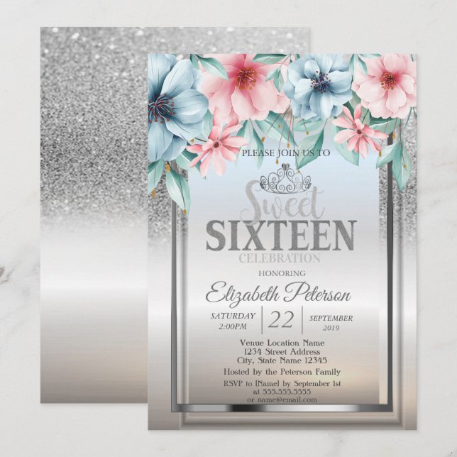 Convites Tiara,Frame Silver Glitter Bokeh Floral Sweet 16 (Frente/Verso)