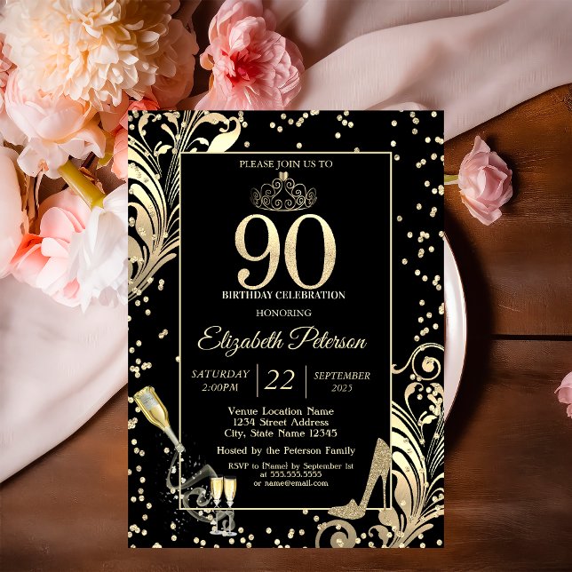 Convites Tiara Glitter Heels Diamantes Roda 90 Aniversário (Criador carregado)