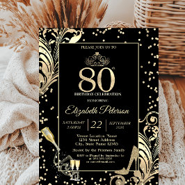 Convites Tiara Glitter Heels Diamonds Swirls 80th Birthday