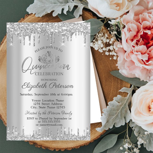 Convites Tiara, Glitter Silver Gota Quinceañera (Criador carregado)