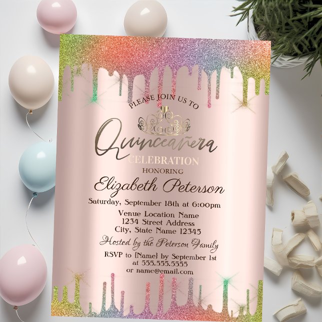 Convites Tiara, Gotas de Brilho Arco-Íris Quinceañera (Criador carregado)