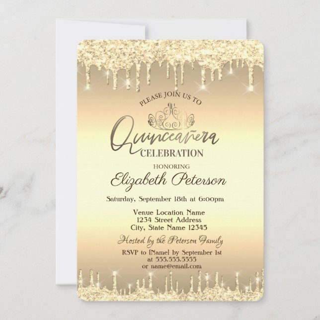 Convites Tiara, Gotas de Brilho Dourado Quinceañera  (Frente)