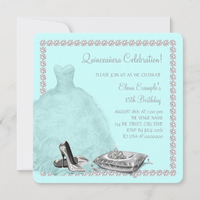 Convites Tiara High Heel Calçados Teal Blue Quinceanera (Frente)