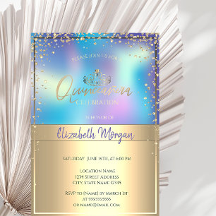Convites Tiara Holográfica Dourada Chic, Quinceañera Diaman