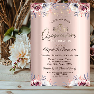 Convites Tiara, Luzes de Corda Floral Rosa Dourado Quinceañ