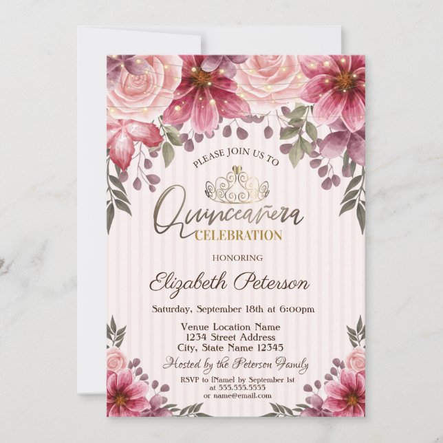 Convites Tiara, Luzes de Corda Flores Listradas Quinceañera (Frente)