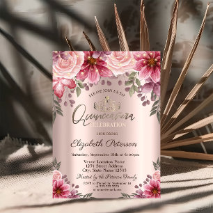 Convites Tiara, Luzes de Corda Flores Rosa Dourado Quinceañ