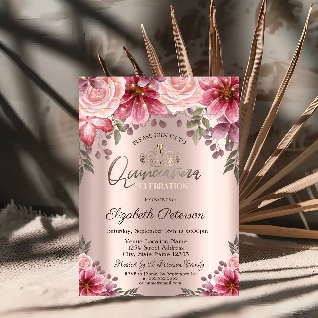 Convites Tiara, Luzes de Corda Flores Rosa Dourado Quinceañ (Criador carregado)