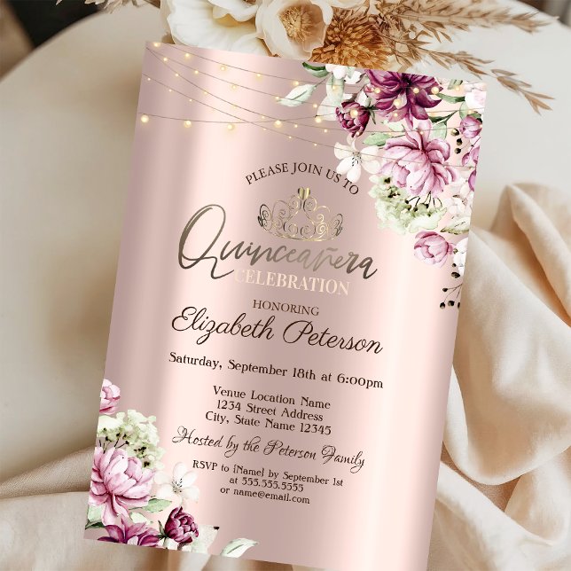 Convites Tiara, Luzes de Corda Flores Rosa Quinceañera (Criador carregado)