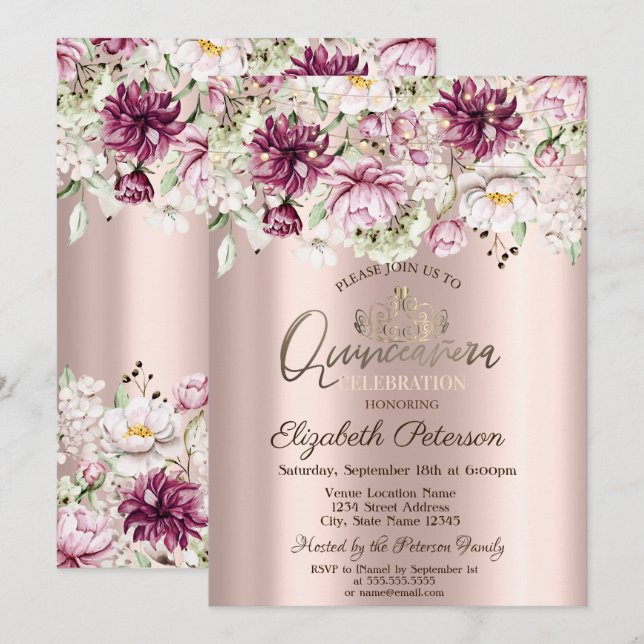 Convites Tiara, Luzes de Corda, Flores Rosa Quinceañera (Frente/Verso)