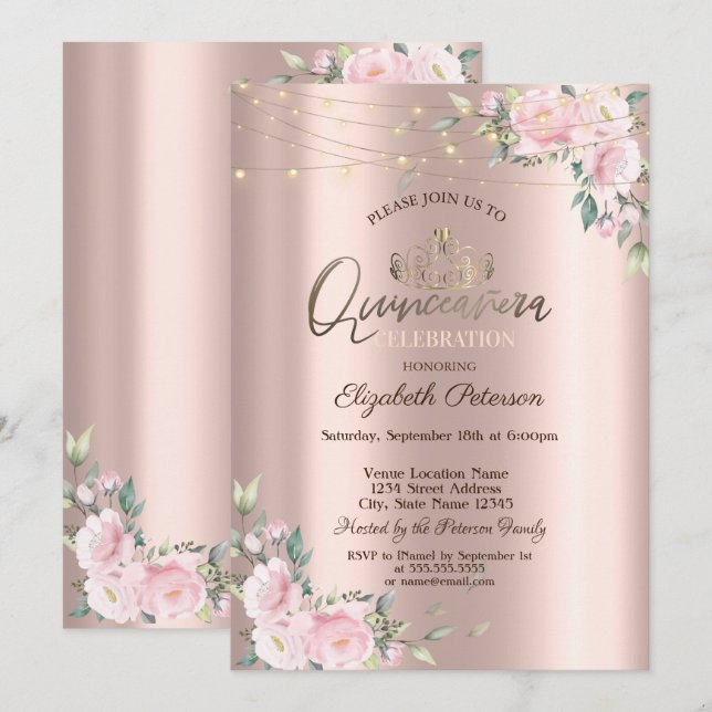 Convites Tiara, Luzes de Corda Flores Rosas Quinceañera (Frente/Verso)