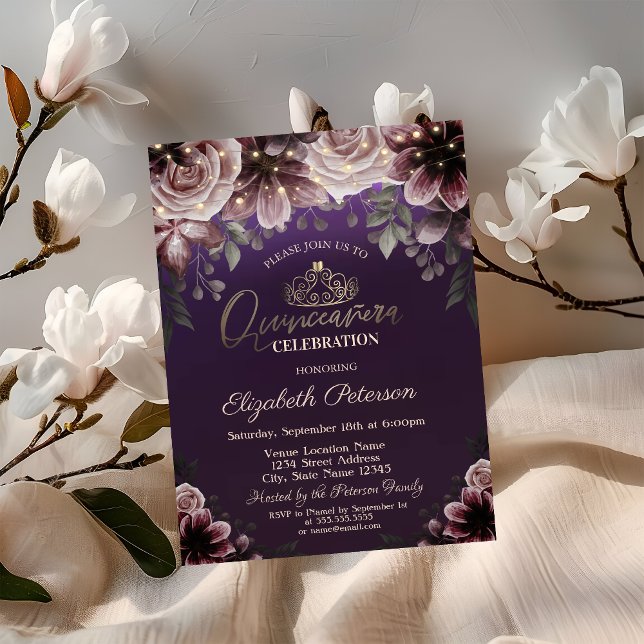 Convites Tiara, Luzes de Corda Flores Roxo Quinceañera (Criador carregado)