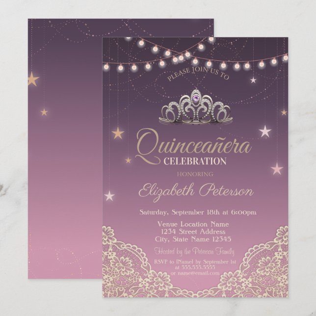Convites Tiara,Luzes de Corda,Renda Quinceañera (Frente/Verso)