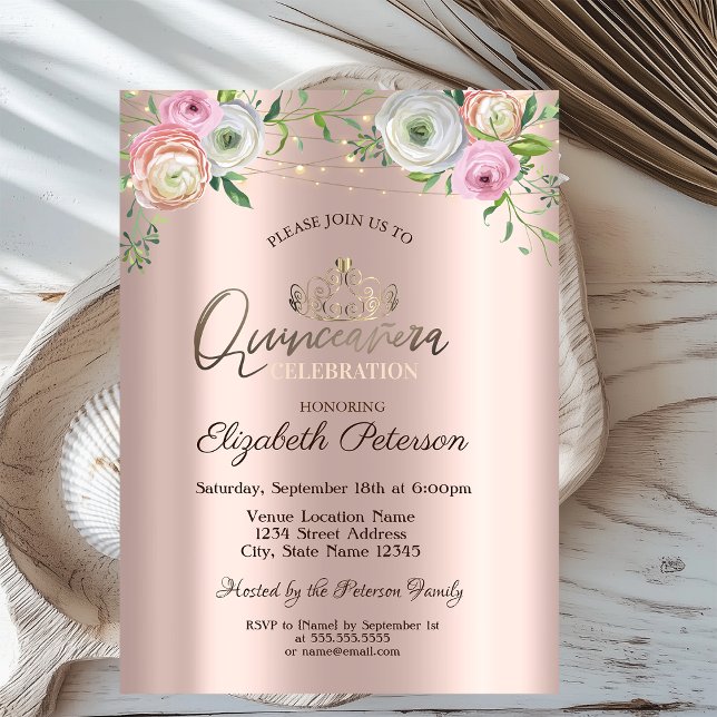 Convites Tiara, Luzes de Corda Rosas Chic Quinceañera (Criador carregado)