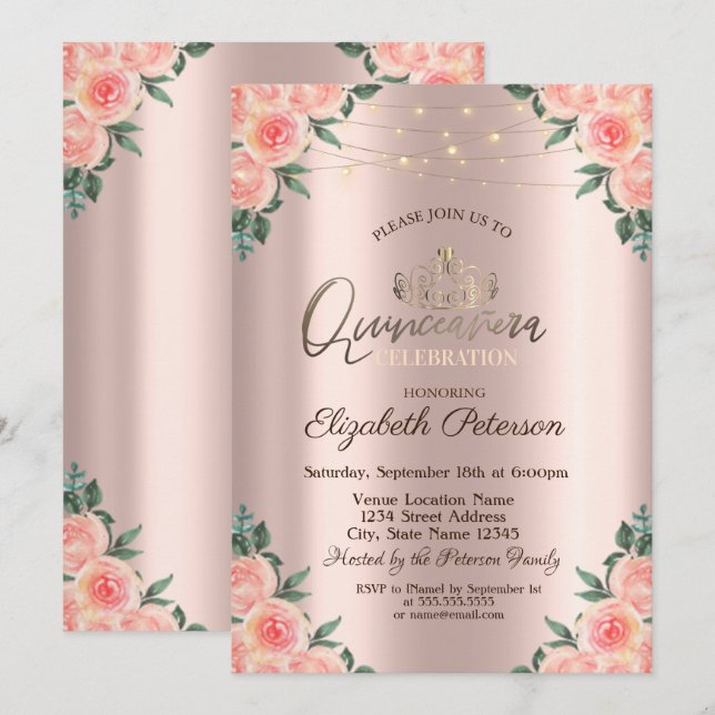 Convites Tiara, Luzes de Corda Rosas Quinceañera (Frente/Verso)