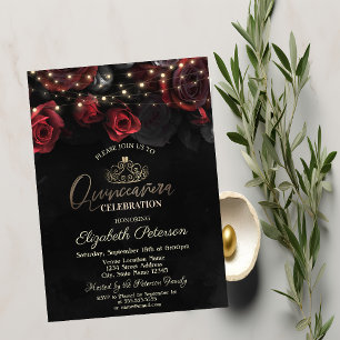 Convites Tiara,Luzes de Corda Rosas Quinceañera Preta