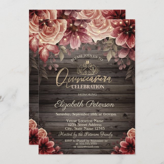 Convites Tiara, Luzes de Cordas Flores Madeira Quinceañera (Frente/Verso)