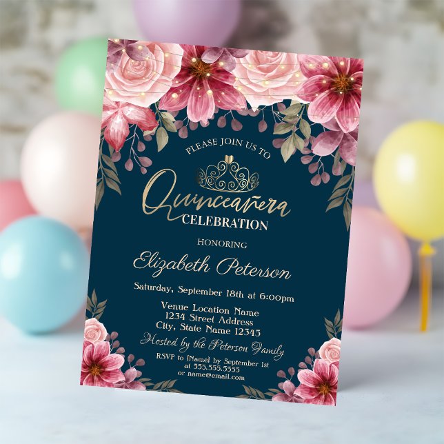 Convites Tiara, Luzes de Cordas Flores Marinho Quinceañera  (Criador carregado)