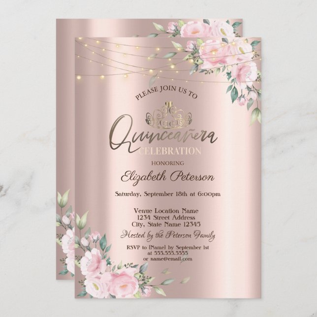 Convites Tiara, Luzes de Cordas Flores Rosas Quinceañera (Frente/Verso)