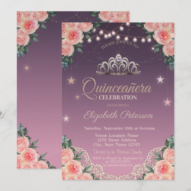 Convites Tiara,Luzes De Cordas,Lace,Rosa Quinceañera (Frente/Verso)